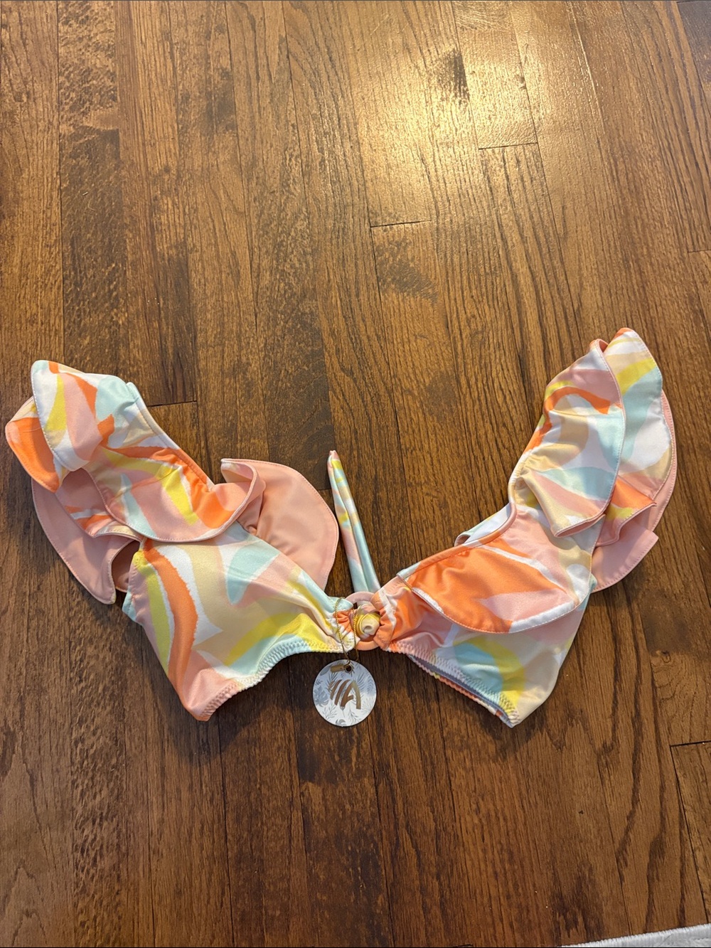 Ruffled Pastel Print Bikini Top - Peach Multi